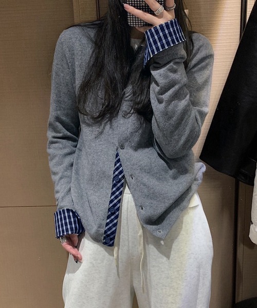 セール】チェックシャツ柄デザイン レイヤード風カーディガン / 配色