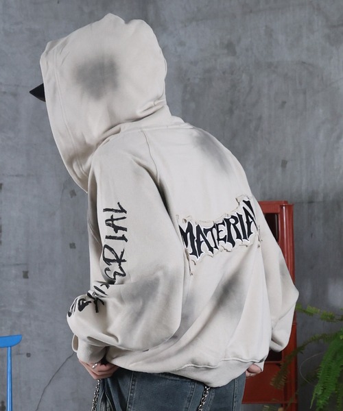 セール】AW 汚れ加工 袖プリント フルZIPパーカー メンズ レディース