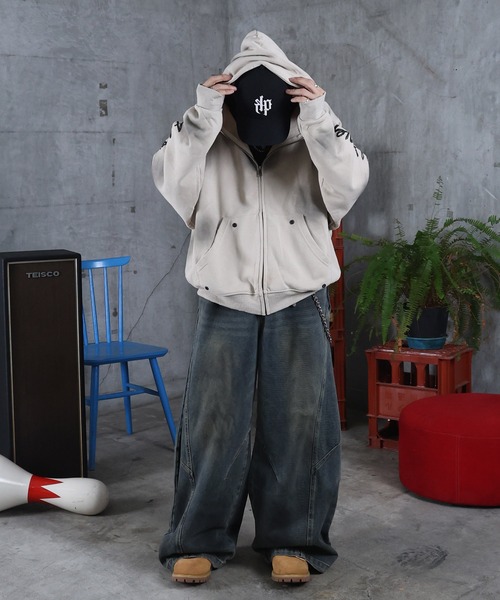 AW 汚れ加工 袖プリント フルZIPパーカー メンズ レディース ユニ