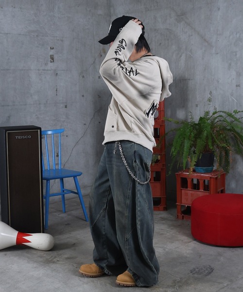 セール】AW 汚れ加工 袖プリント フルZIPパーカー メンズ レディース