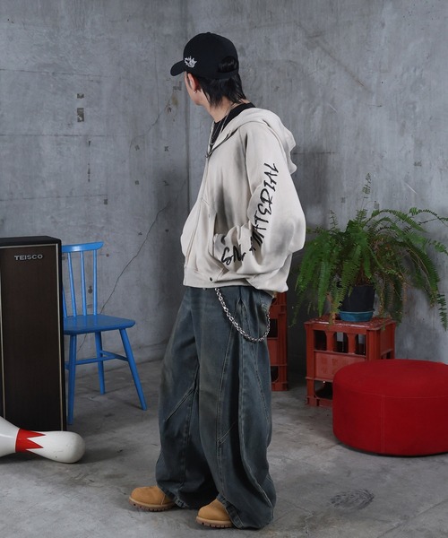 セール】AW 汚れ加工 袖プリント フルZIPパーカー メンズ レディース