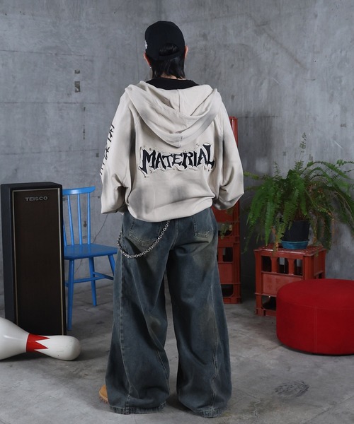 AW 汚れ加工 袖プリント フルZIPパーカー メンズ レディース ユニ