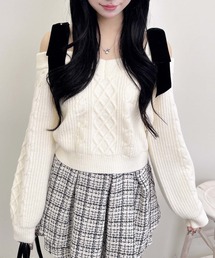 2Wayベロアリボンオフショルケーブルニット