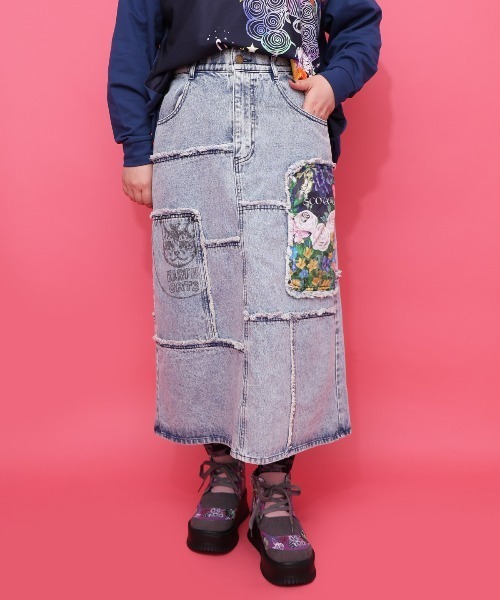 セール】153673：花ネコのアシメフリンジ アップリケデニムスカート