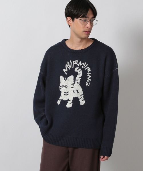 ヒロミ182猫print裏起毛ニットソーTU(NV)（MK)(BK) LAKOLE（ラコレ）の「ユルネコニットプルオーバー / 606995（ニット