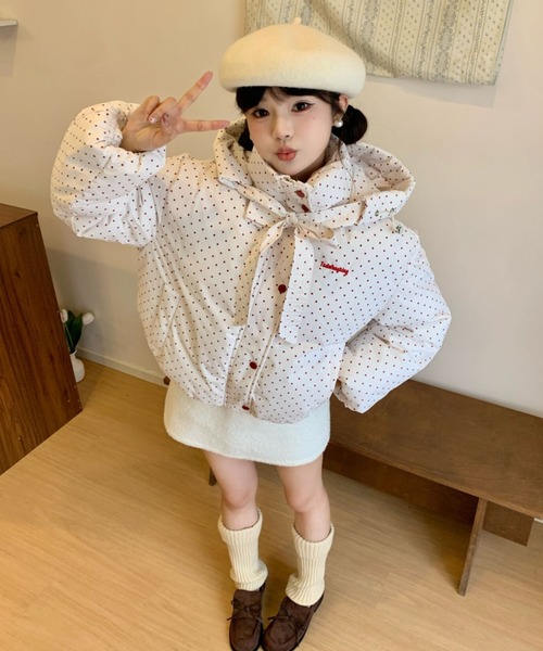 セール】【秋冬新作】ドット柄リボンダウンジャケット（ダウン