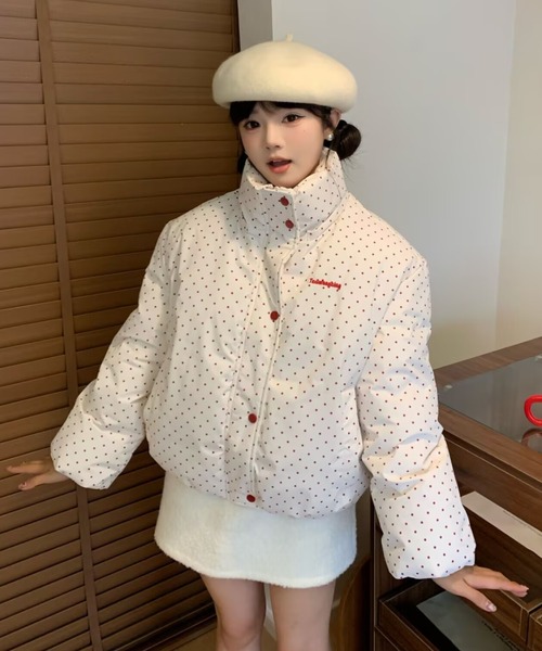 セール】【秋冬新作】ドット柄リボンダウンジャケット（ダウン