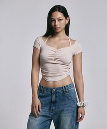 PLEASENOFOLLOW（プリーズノーフォロー）の「Jiselle Strap Shirring Top (Short ver.) (Beige)（Tシャツ/カットソー）」