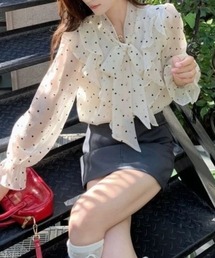 【2026春夏新作】ドット柄シアーフリルボウタイブラウス