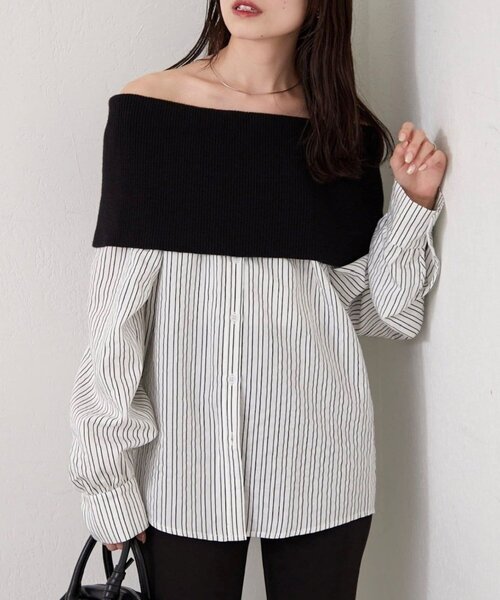 mystic(ミスティック)の「オフショルリブストライプシャツ(シャツ/ブラウス・レディース・オフホワイト/チャコールグレー・FREE)」の2枚目の写真