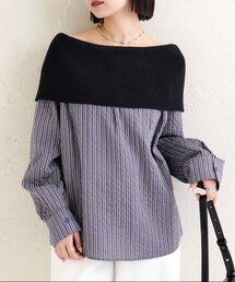 セール】【4色展開/ストライプ/無地】ストライプ裾レースシャツ 