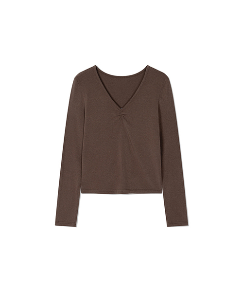 Yuje（ユジェ）の「SHIRRING V NECK TOP (3color,2size)（Tシャツ/カットソー・レディース・チャコールグレー/ダークブラウン/アイボリー・SMALL/MEDIUM）」の3枚目の写真