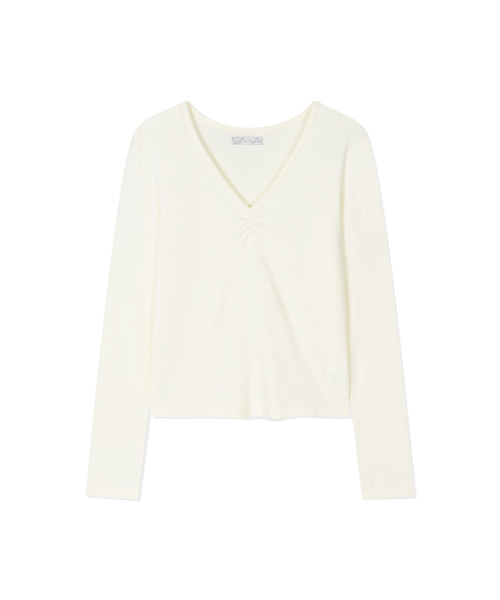Yuje（ユジェ）の「SHIRRING V NECK TOP (3color,2size)（Tシャツ/カットソー・レディース・チャコールグレー/ダークブラウン/アイボリー・SMALL/MEDIUM）」の10枚目の写真