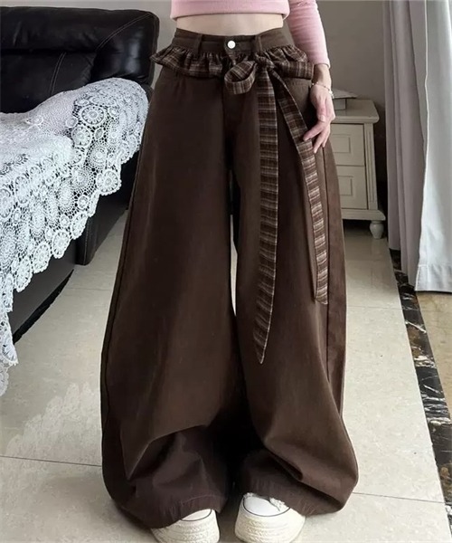 セール】ウエストリボン チェック切り替えデニムパンツ（デニムパンツ