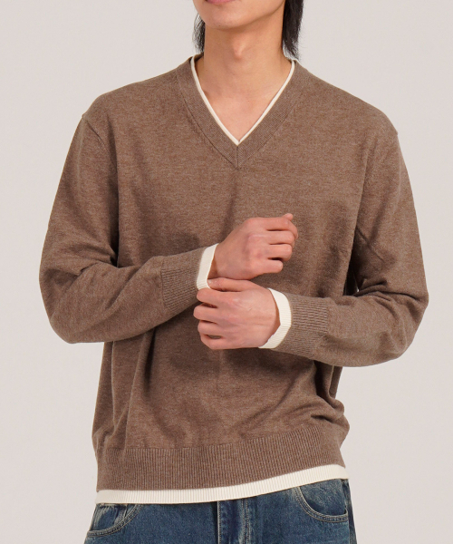 BUTTON SEOUL(ボタンソウル)の「ウールブレンドレイヤードVネックニット(ブラウン)(ニット/セーター・メンズ・その他・MEDIUM/LARGE/X-LARGE)」の1枚目の写真