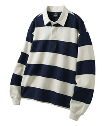 MOZMOZ（モズモズ）の「ラグビーストライプロングスリーブカラーTシャツネイビー（ポロシャツ）」
