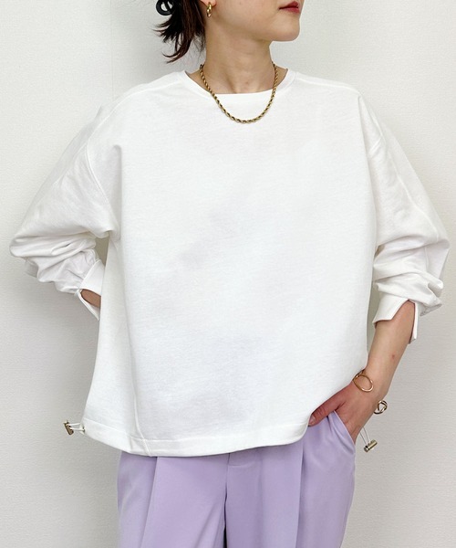 PICCIN（ピッチン）の「裾ドロストプルオーバー（Tシャツ/カットソー・レディース・グレイッシュベージュ/ブルー/オフホワイト・M）」の4枚目の写真