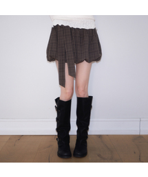 Balloon Check Belted Miniskirt [Brown]