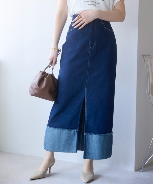 PREFERIR(プレフェリール)の「【ハイウエスト】ロールアップデニムロングスカート/前スリット・後ろゴム・Iライン・洗濯可(デニムスカート・レディース・ブルー/グレー/ネイビー/ブラック・FREE)」の1枚目の写真