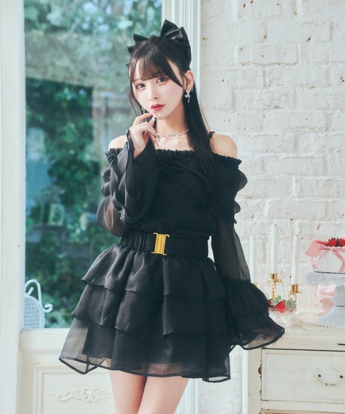 ReAmour リアムール　配色レイヤードワンピース　ブラック オフショルシースルーワンピ（ワンピース）｜ReAmour（リアムール）の