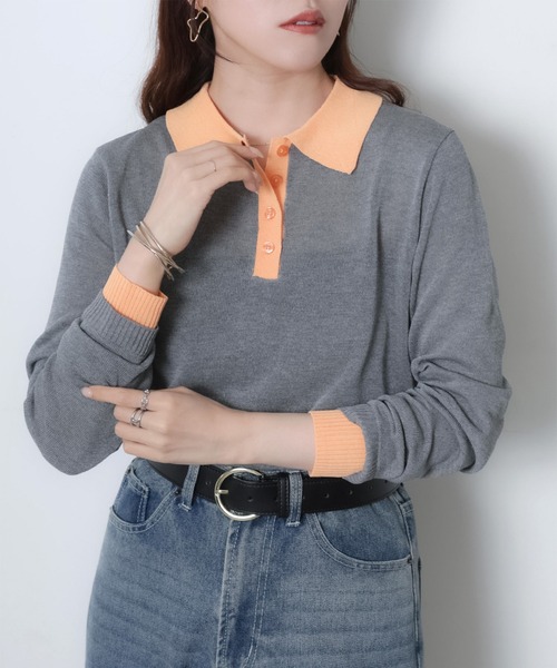 Riberry（リベリー）の「リネンライク配色ポロニット（ニット/セーター・レディース・ピンク/グレー/アイボリー/ブラック・FREE）」の3枚目の写真