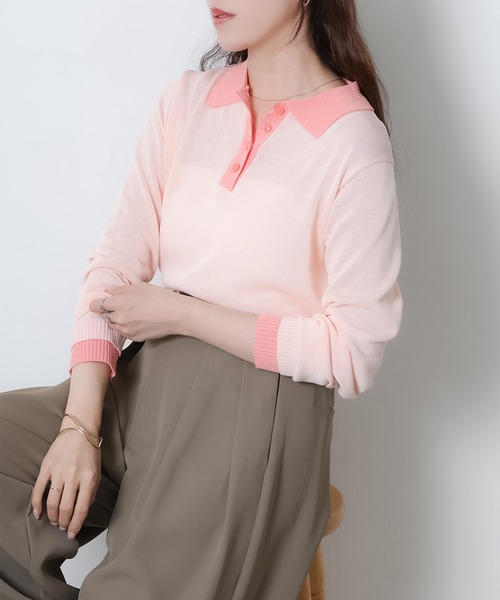 Riberry（リベリー）の「リネンライク配色ポロニット（ニット/セーター・レディース・ピンク/グレー/アイボリー/ブラック・FREE）」の4枚目の写真