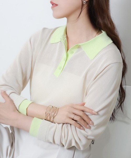 Riberry（リベリー）の「リネンライク配色ポロニット（ニット/セーター・レディース・ピンク/グレー/アイボリー/ブラック・FREE）」の2枚目の写真