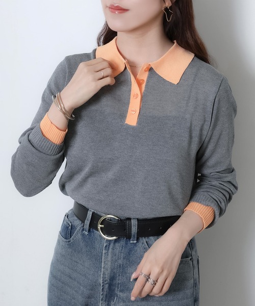 Riberry（リベリー）の「リネンライク配色ポロニット（ニット/セーター・レディース・ピンク/グレー/アイボリー/ブラック・FREE）」の12枚目の写真