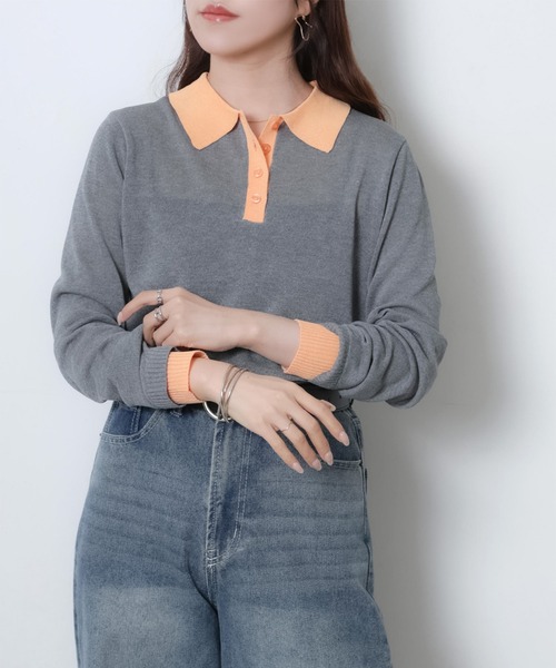 Riberry（リベリー）の「リネンライク配色ポロニット（ニット/セーター・レディース・ピンク/グレー/アイボリー/ブラック・FREE）」の11枚目の写真