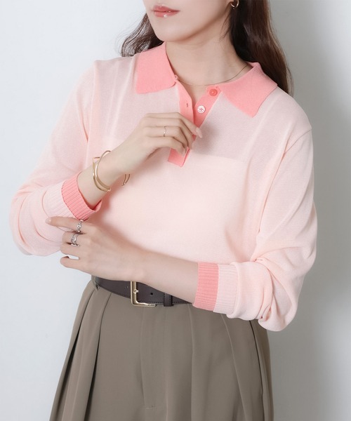 Riberry（リベリー）の「リネンライク配色ポロニット（ニット/セーター・レディース・ピンク/グレー/アイボリー/ブラック・FREE）」の15枚目の写真