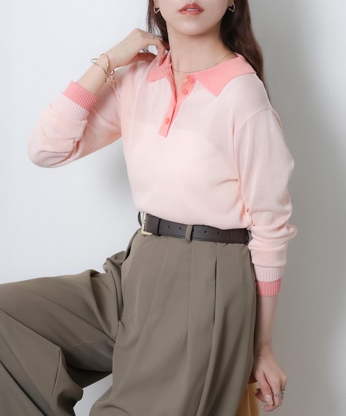 Riberry（リベリー）の「リネンライク配色ポロニット（ニット/セーター・レディース・ピンク/グレー/アイボリー/ブラック・FREE）」の14枚目の写真