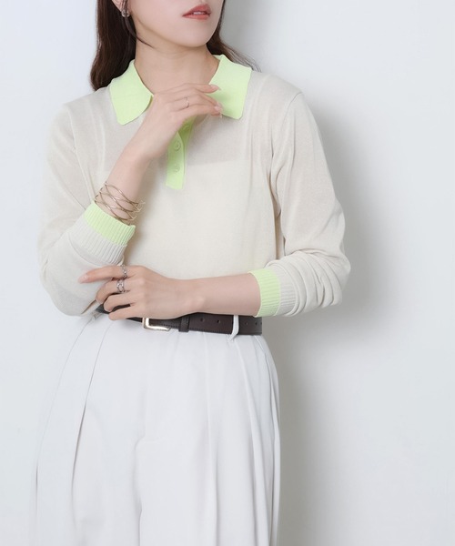 Riberry（リベリー）の「リネンライク配色ポロニット（ニット/セーター・レディース・ピンク/グレー/アイボリー/ブラック・FREE）」の5枚目の写真