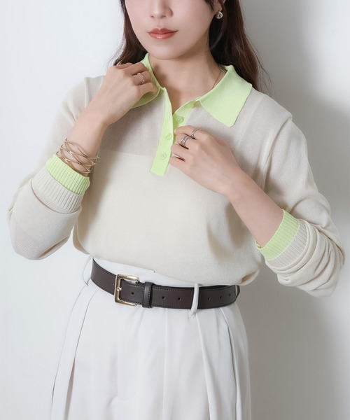 Riberry（リベリー）の「リネンライク配色ポロニット（ニット/セーター・レディース・ピンク/グレー/アイボリー/ブラック・FREE）」の19枚目の写真