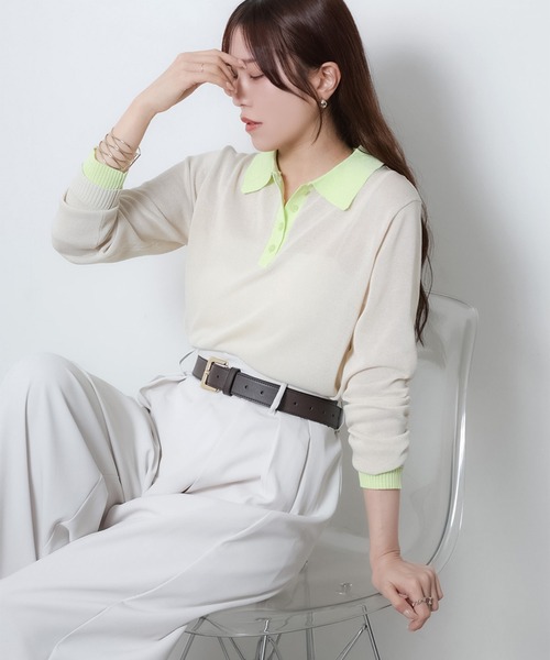 Riberry（リベリー）の「リネンライク配色ポロニット（ニット/セーター・レディース・ピンク/グレー/アイボリー/ブラック・FREE）」の20枚目の写真