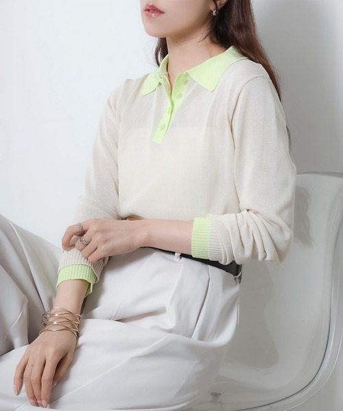 Riberry（リベリー）の「リネンライク配色ポロニット（ニット/セーター・レディース・ピンク/グレー/アイボリー/ブラック・FREE）」の6枚目の写真