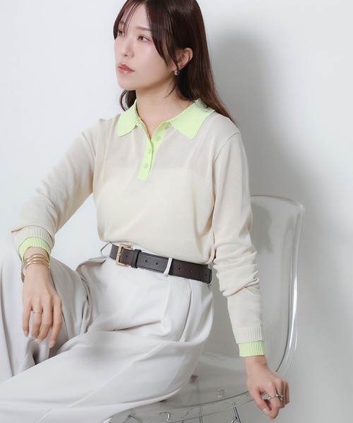 Riberry（リベリー）の「リネンライク配色ポロニット（ニット/セーター・レディース・ピンク/グレー/アイボリー/ブラック・FREE）」の21枚目の写真