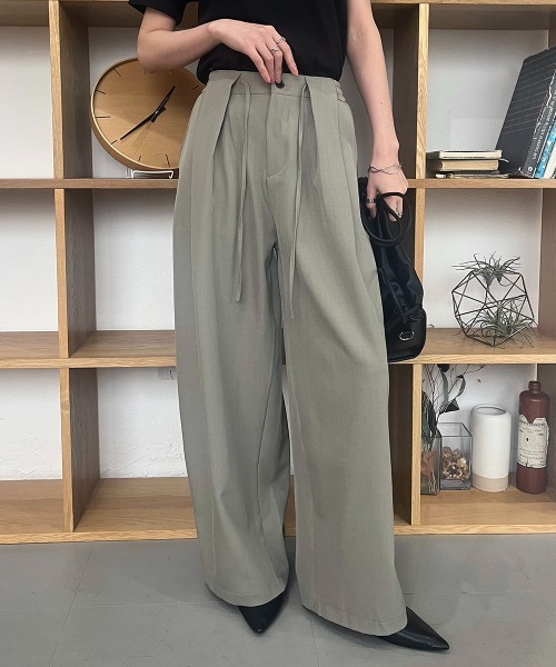 セール】ウエストタックデザイン リボンワイドスラックス（スラックス