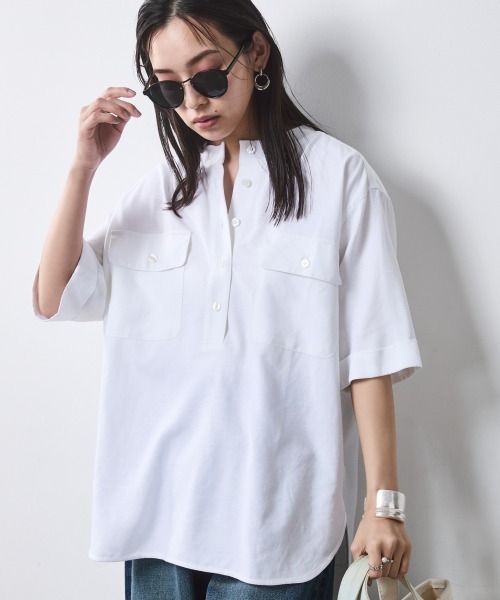 CHIC STYLE(シックスタイル)の「【セットアップ対応】衿リブハーフスリーブブラウス<大きいサイズ有>シックスタイル(シャツ/ブラウス・レディース・ネイビー/オフホワイト/モカ・3L/LL/L/M/5L/4L)」の16枚目の写真
