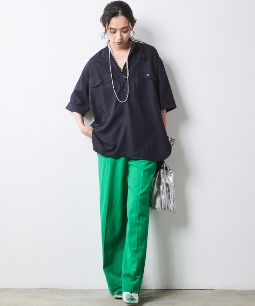 CHIC STYLE(シックスタイル)の「【セットアップ対応】衿リブハーフスリーブブラウス<大きいサイズ有>シックスタイル(シャツ/ブラウス・レディース・ネイビー/オフホワイト/モカ・3L/LL/L/M/5L/4L)」の13枚目の写真