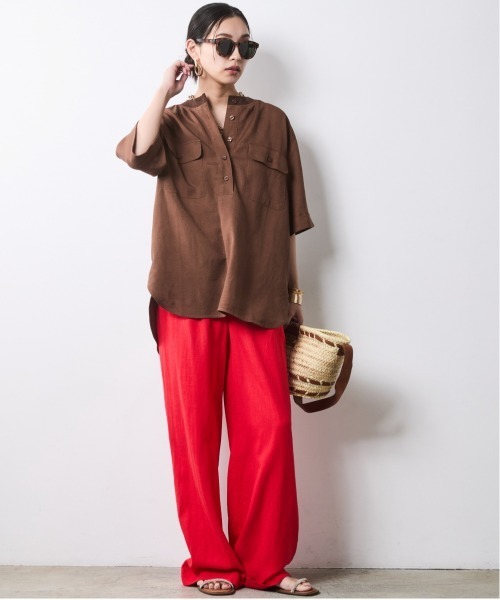 CHIC STYLE(シックスタイル)の「【セットアップ対応】衿リブハーフスリーブブラウス<大きいサイズ有>シックスタイル(シャツ/ブラウス・レディース・ネイビー/オフホワイト/モカ・3L/LL/L/M/5L/4L)」の6枚目の写真