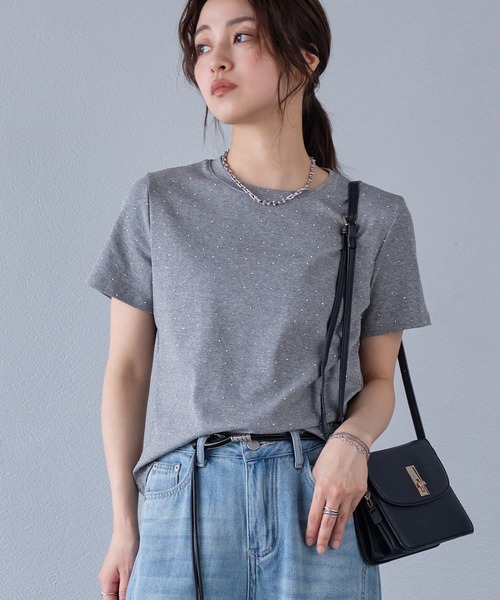 murea(ミュレア)の「クロップド丈ラインストーン半袖Tシャツ(Tシャツ/カットソー・レディース・ホワイト/ブラック/グレー・FREE)」の3枚目の写真
