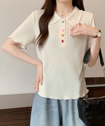 カラーボタン リブポロトップス / ポロ襟 半袖リブカットソー