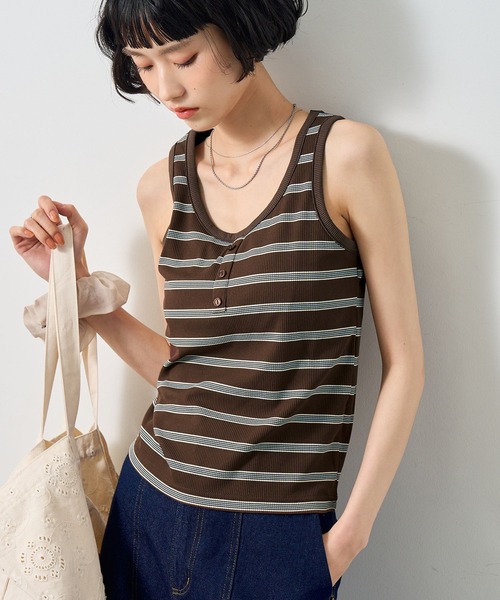 NOGLE(ノグル)の「【NOGLE/ノグル】ボーダーヘンリーネックリブタンクトップ/カップ付き(タンクトップ・レディース・アイボリー/ブラウン/ブルー/グレー・FREE)」の1枚目の写真