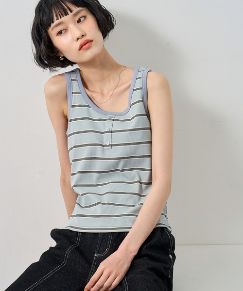NOGLE(ノグル)の「【NOGLE/ノグル】ボーダーヘンリーネックリブタンクトップ/カップ付き(タンクトップ・レディース・アイボリー/ブラウン/ブルー/グレー・FREE)」の4枚目の写真