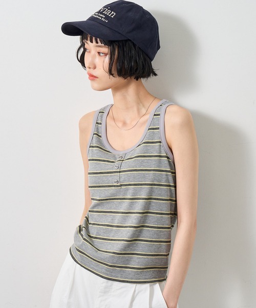 NOGLE(ノグル)の「【NOGLE/ノグル】ボーダーヘンリーネックリブタンクトップ/カップ付き(タンクトップ・レディース・アイボリー/ブラウン/ブルー/グレー・FREE)」の10枚目の写真