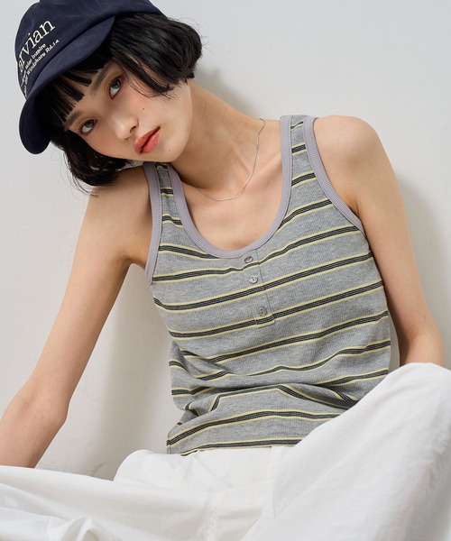NOGLE(ノグル)の「【NOGLE/ノグル】ボーダーヘンリーネックリブタンクトップ/カップ付き(タンクトップ・レディース・アイボリー/ブラウン/ブルー/グレー・FREE)」の6枚目の写真