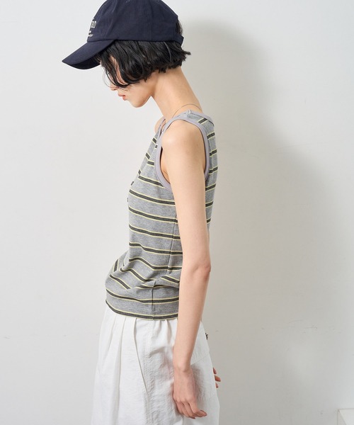 NOGLE(ノグル)の「【NOGLE/ノグル】ボーダーヘンリーネックリブタンクトップ/カップ付き(タンクトップ・レディース・アイボリー/ブラウン/ブルー/グレー・FREE)」の12枚目の写真