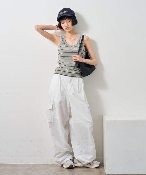 NOGLE(ノグル)の「【NOGLE/ノグル】ボーダーヘンリーネックリブタンクトップ/カップ付き(タンクトップ・レディース・アイボリー/ブラウン/ブルー/グレー・FREE)」の8枚目の写真