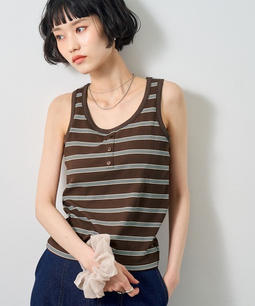 NOGLE(ノグル)の「【NOGLE/ノグル】ボーダーヘンリーネックリブタンクトップ/カップ付き(タンクトップ・レディース・アイボリー/ブラウン/ブルー/グレー・FREE)」の16枚目の写真