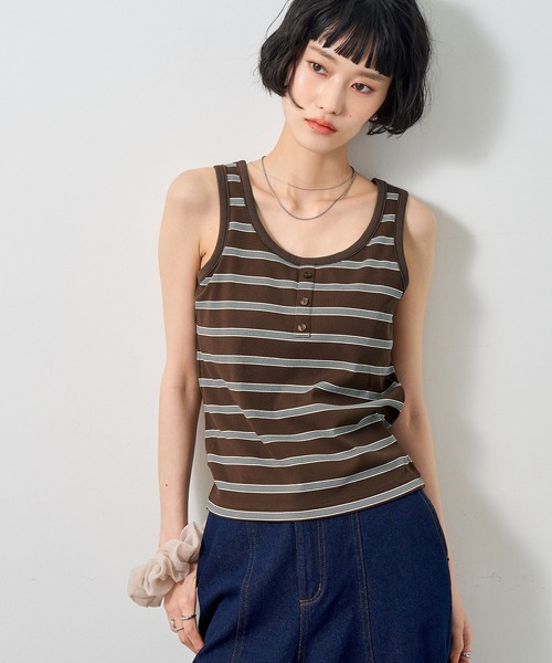 NOGLE(ノグル)の「【NOGLE/ノグル】ボーダーヘンリーネックリブタンクトップ/カップ付き(タンクトップ・レディース・アイボリー/ブラウン/ブルー/グレー・FREE)」の17枚目の写真